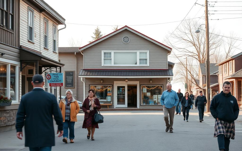 Residents walking along a small-town main street