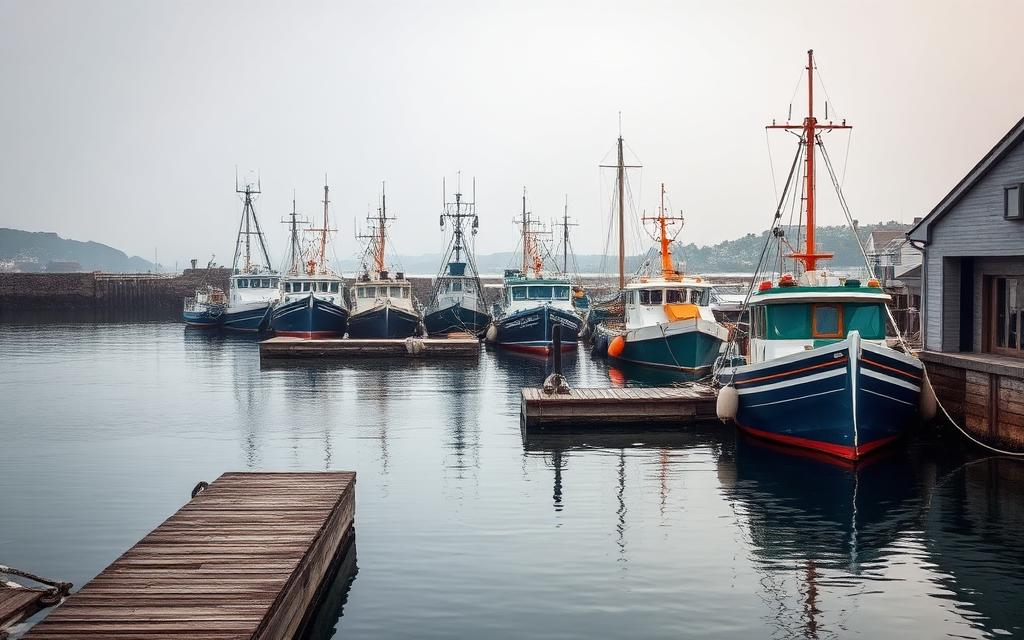 Fishing vessels moored at a small Atlantic harbour wharf